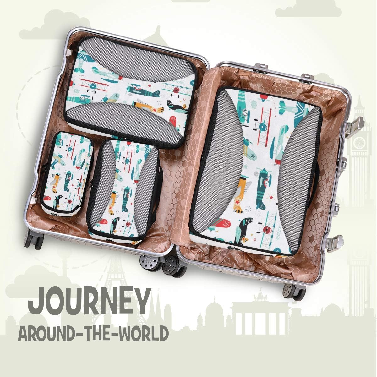 Airplanes Boys Seamless Pattern Travel Organizer Packing Cube Set of 4 Pcs Luggage Organizer Suitcase Storage Bag for Travel Business Camping Hiking Accessory