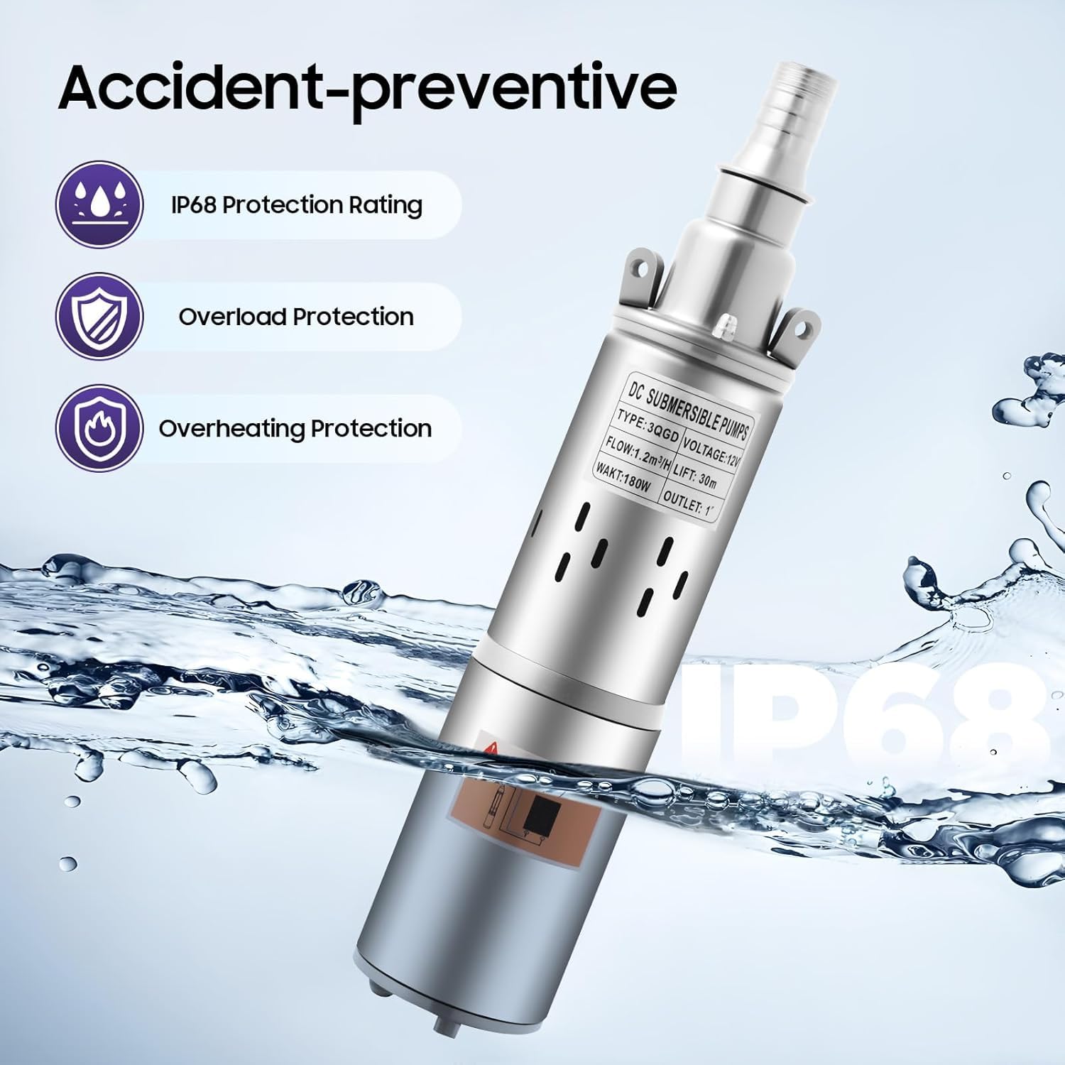 Pompe submersible solaire en acier inoxydable 12 V, 180 W, 3000 tr/min