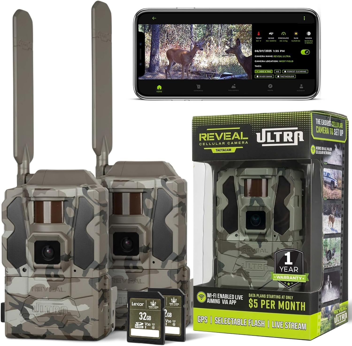 TACTACAM Reveal Ultra Cellular Trail Cameras – 4K Photo, 1080P Video, Live Streaming, GPS, Low-Glow/No-Glow Flash, LTE + 32GB SD Cards (2PK)