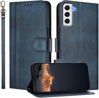 for Samsung Galaxy S22 Wallet Case & Wrist Strap Blue