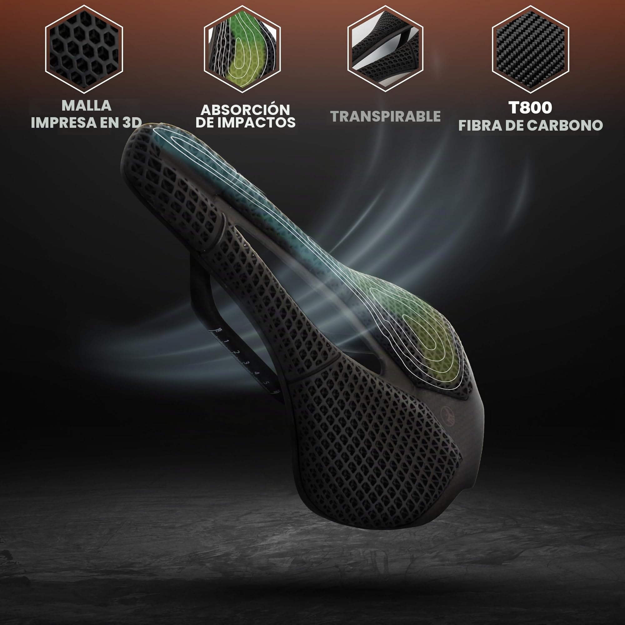 IMPALAPRO Sillín de Carbono Impreso en 3D Ultraligero 195g Firmeza Media | Sillín 3D Carbono T800 Compacto 250x140mm - Sillín bicicleta 3D con Hueco Ergonómico Transpirable — Raíles Ovalados 7x9mm