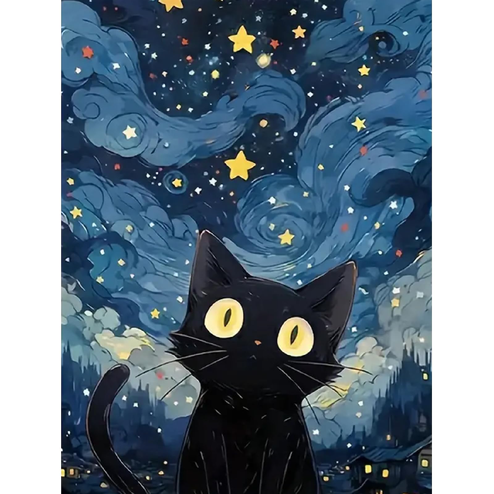 HASTHIP® DIY Diamond Painting Kit for Adults, Cartoon Cat Starry Night Paint by Numbers with Tools & Accessories, 30x40cm No Frame Pre Outlined Canvas Diamond Art Kit