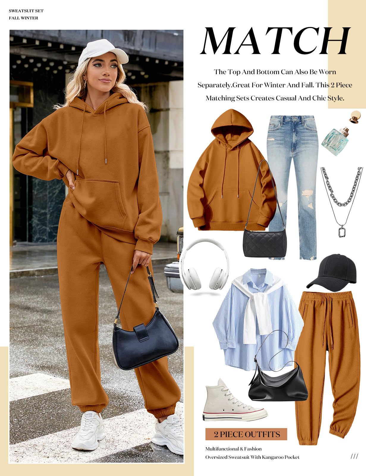 CMTOP Tuta Donna Sportiva Completo 2 Pezzi Invernale Termici Tute da Ginnastica in Pile Cotone Felpa con Cappuccio e Pantaloni Jogger Casual Completi Palestra Per La Casa Fitness