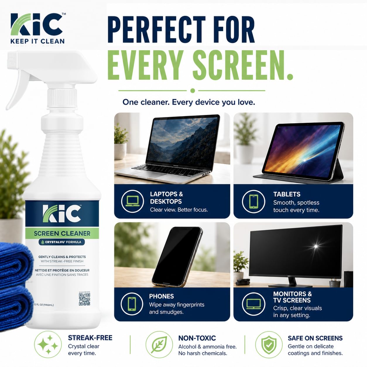 KICTeam Waffletechnology CrystalVu - Kit de limpiador de pantalla táctil, botella de spray de 32 onzas con 2 toallitas de microfibra para limpiar monitores y pantallas de computadora