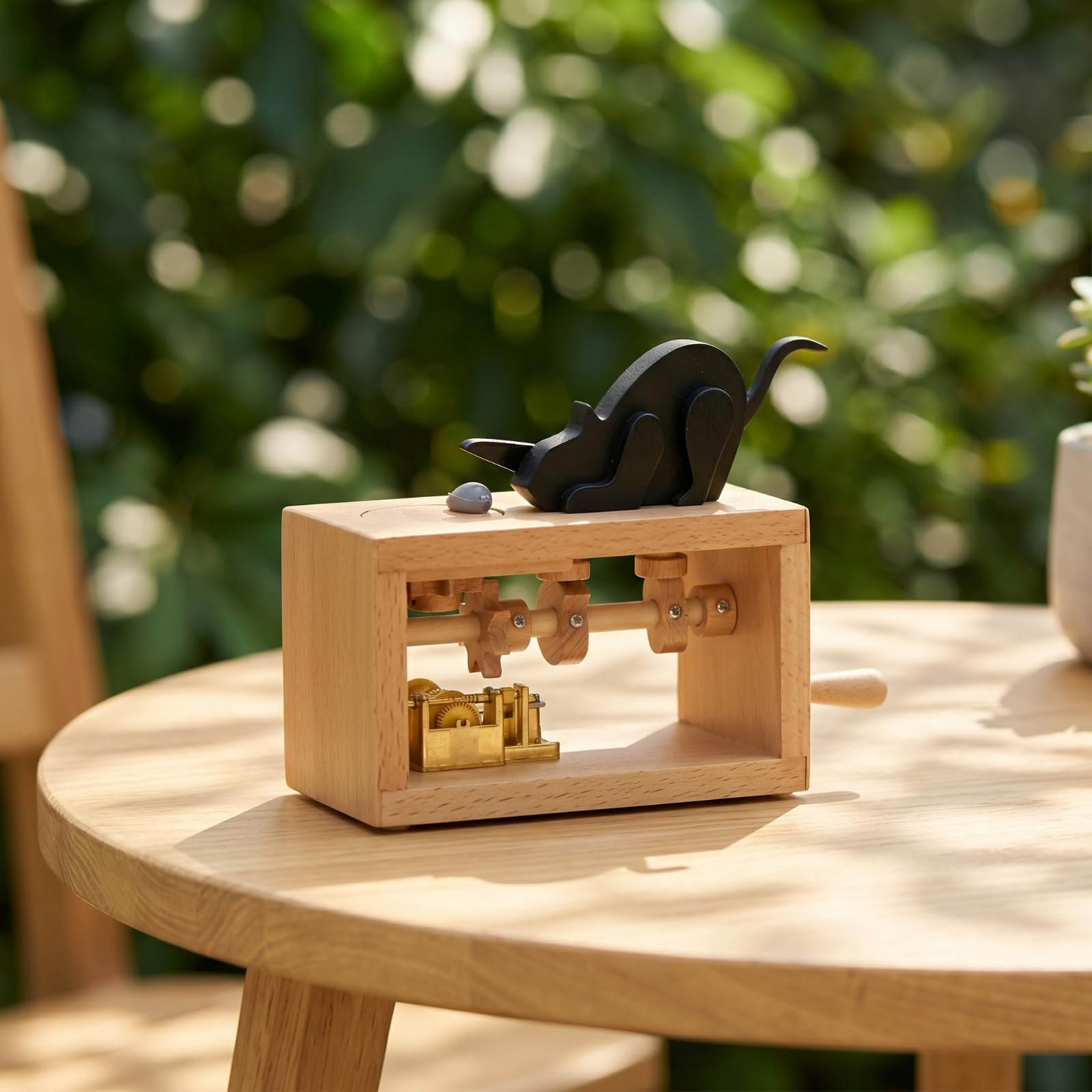 Caja de Música Decorativa Caja Musical Madera Mecánica Cuerpo Cuadrado Calidez Rústica Partes Pintadas Visibles Regalo Encantador Adecuada para , Gato Y Ratón