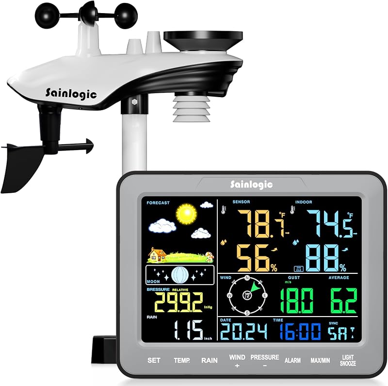 Sainlogic SA68 Weather Station 12-in-1 Wireless Weather Station Indoor Outdoor with Rain Gauge, Wind Speed/Direction, Barometer, Air Pressure, Temperature, Humidity, Gray (No WiFi)