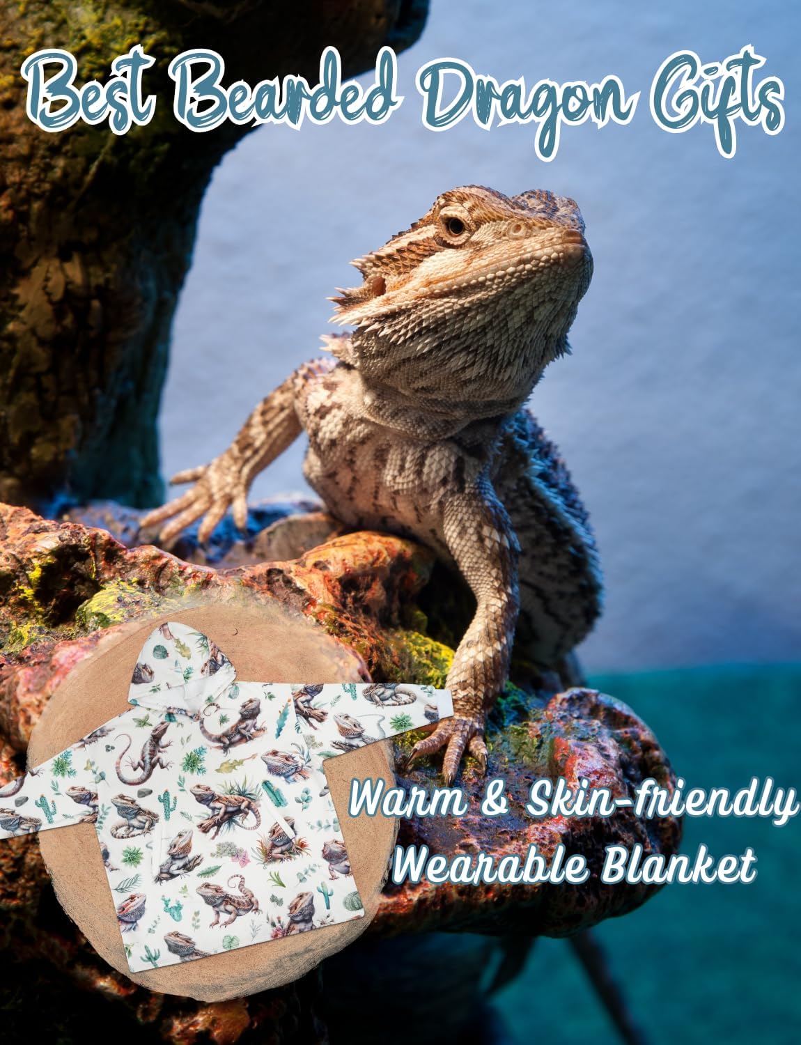 Bearded Dragon Gifts for Women Men, Cozy Reptile Pet Blanket Hoodies for Bearded Dragon Lovers, All-Over Lizard with Plants & Rocks, One Size Fits All
