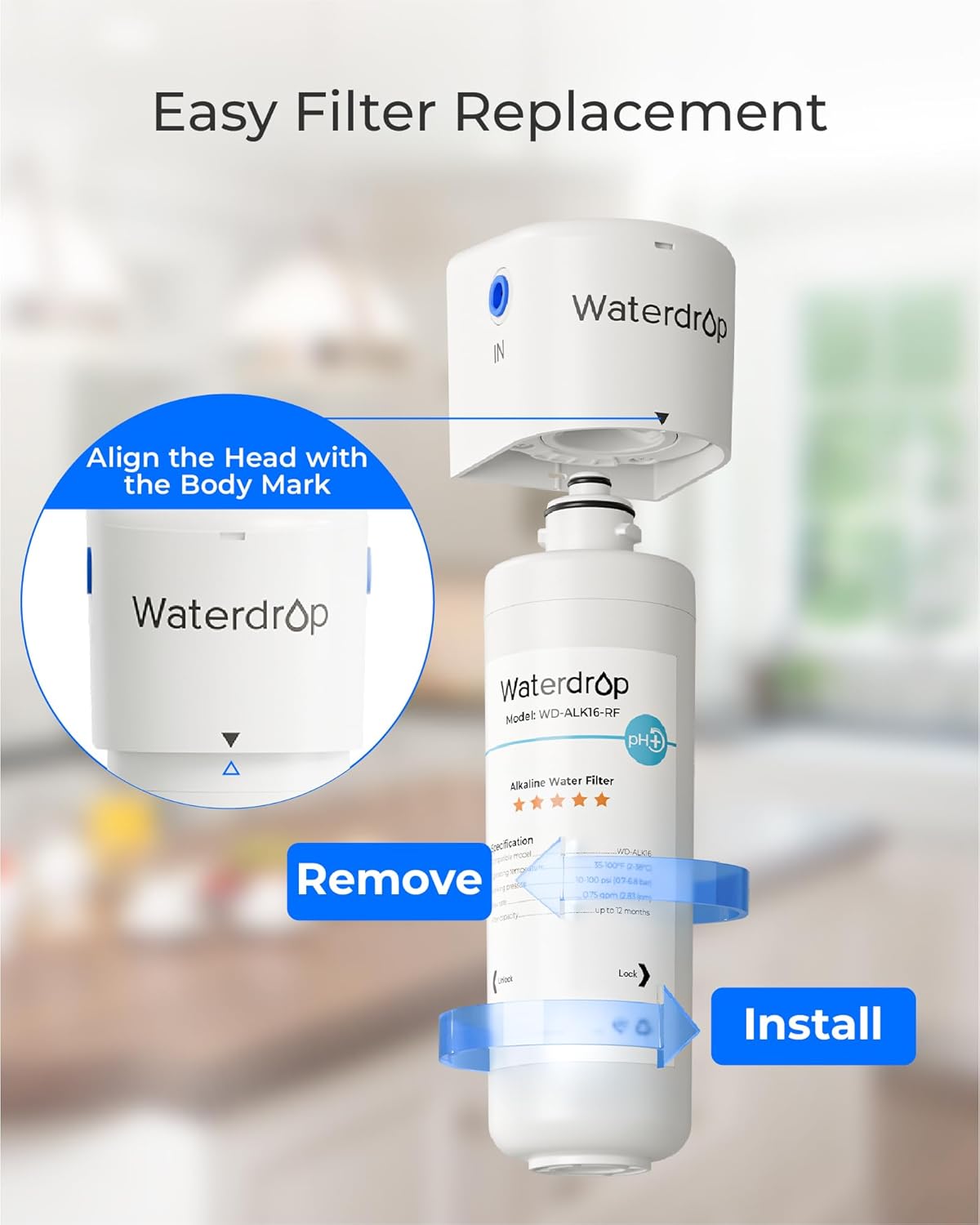 Waterdrop ALK16 Alkaline Water Filter System for Sink, Mineralizing Water, NSF/ANSI 372 Certified, Compatible with Reverse Osmosis Systems, Under Sink Installation