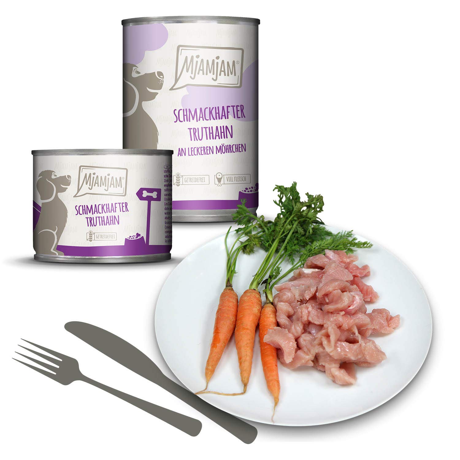 MjAMjAM - cibo umido premium per cani - gustoso tacchino con deliziose carote, confezione da 6 (6 x 200 g), senza cereali con carne extra