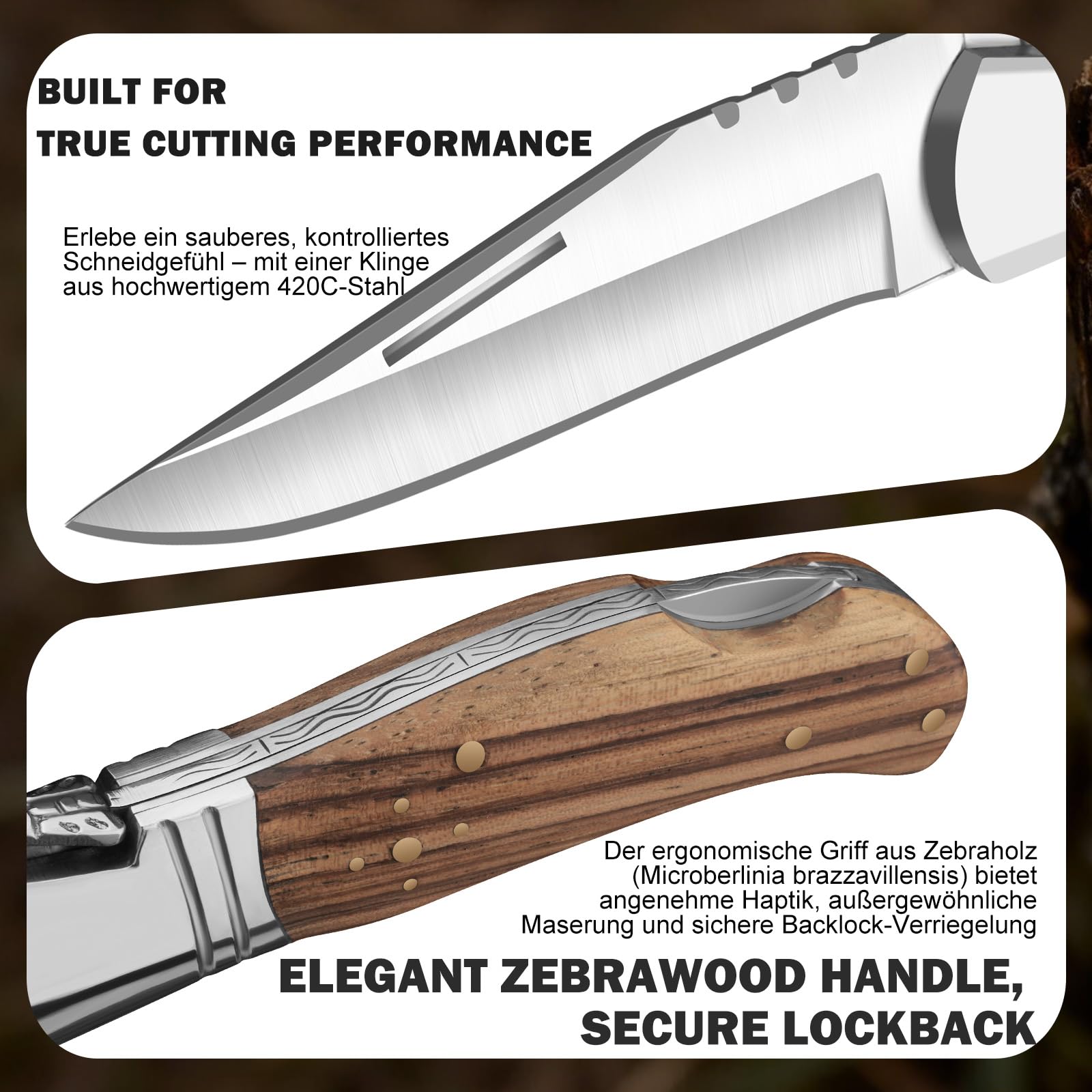 Couteau pliant QS1, couteau de poche en acier 440C avec verrouillage Lockback, poignée en bois de zébré, gaine en cuir, idéal pour le camping et les activités en plein air