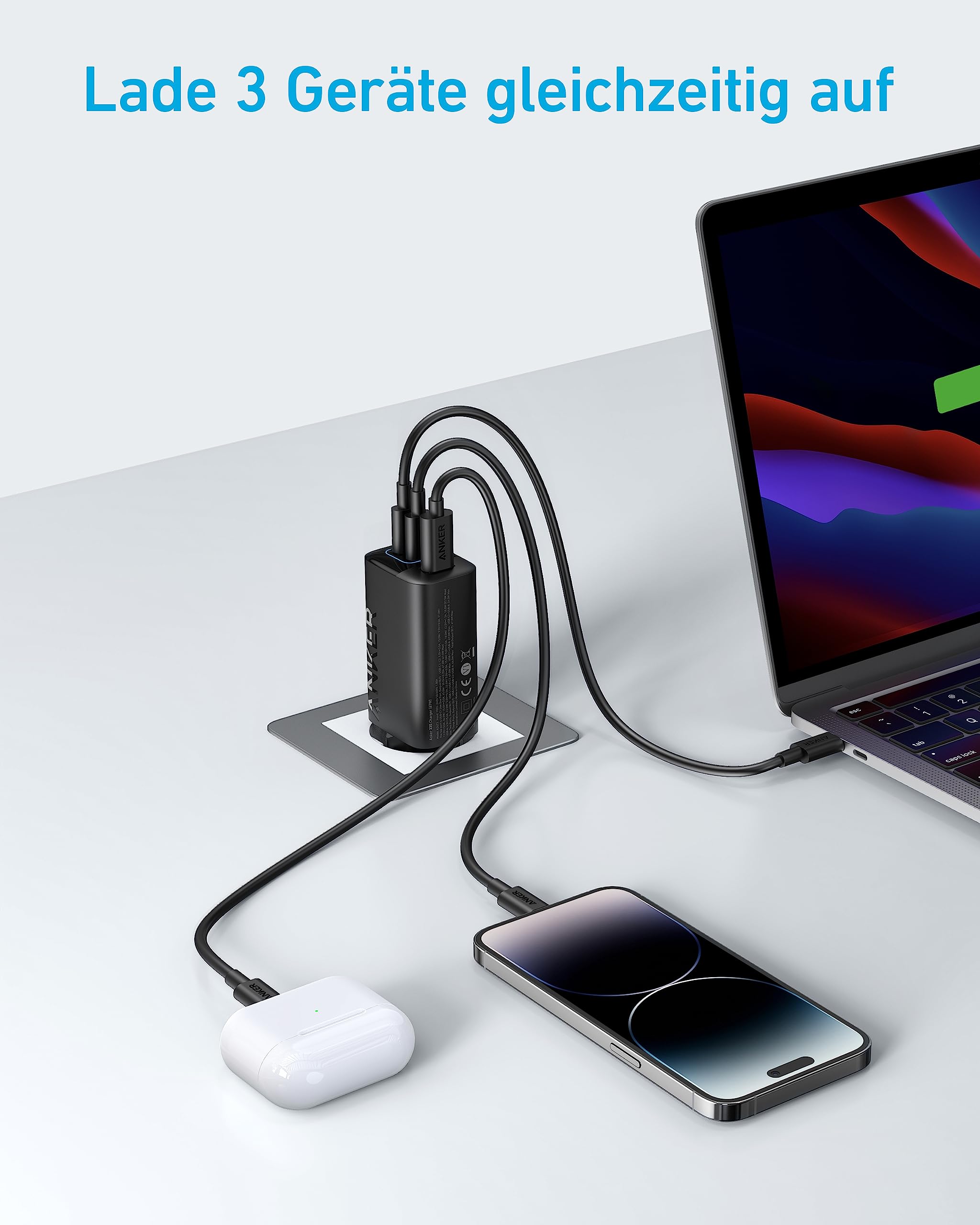Anker 335 USB C Ladegerät 67W, 3-Port Schnellladegerät mit PIQ 3.0, PD Charger für iPhone 17/16/15, MacBook Pro, iPad, Galaxy, Pixel
