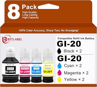 GI20 Refill Ink Bottle Kit 8 Pack Replacement for Canon Gi20 Gi-20 Ink Compatible for Canon PIXMA G6020 G7020 G5020 MegaTank Printer, 170mL Black Ink, 70mL Cyan Magenta Yellow