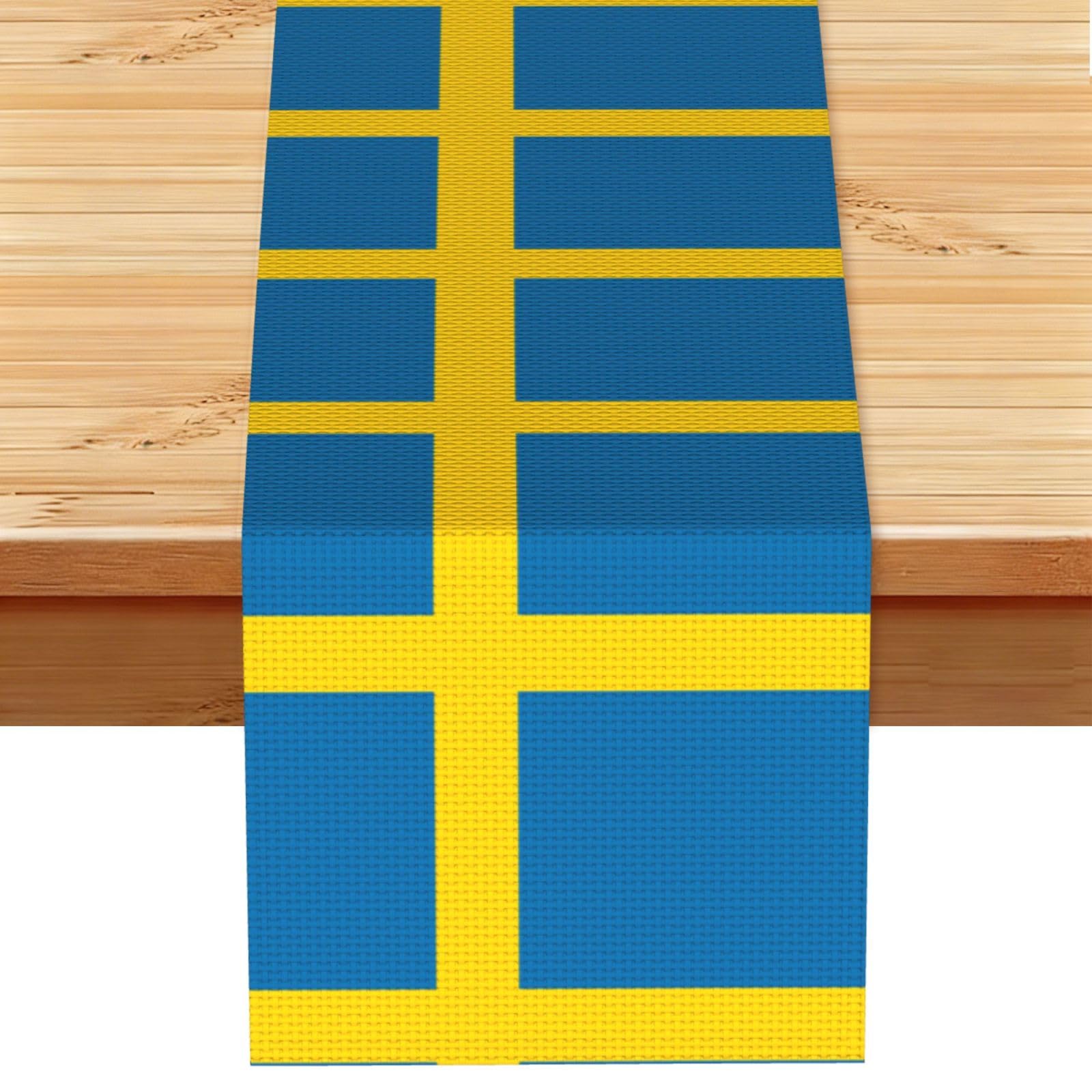 Swedish flag Linen Look Table Runner 13x72-Wrinkle Resistant Farmhouse Style for Dining Table Decor