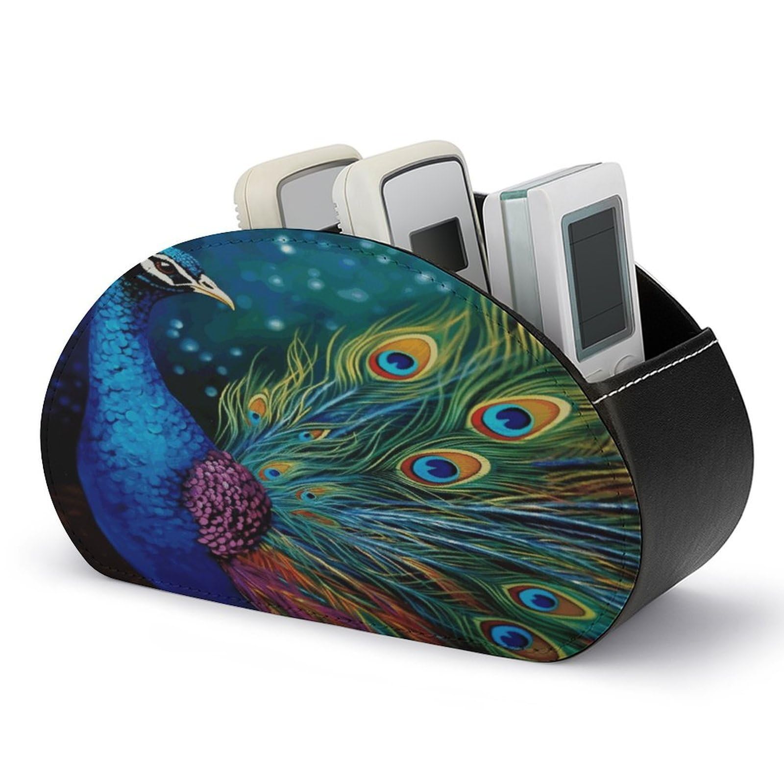 FodPand Colored Peacock Remote Control Holders PU Leather Remote Caddy Desktop Organizer with 5 Compartments TV Remote Holder Box Tray for Bedside Table Office Desk Accessories&Gift