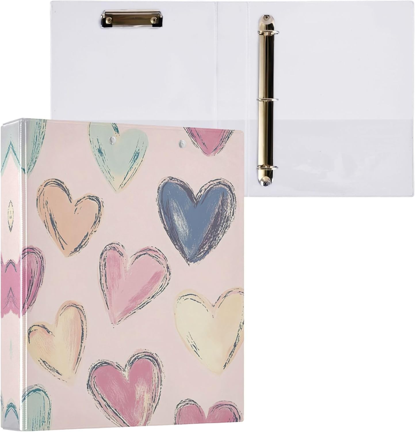 Valentine's Day Colorful Hearts 3 Ring Binders, 1.5” Round Ring Binders with Clipboard - Letter Size, 3 Interior PVC Clear Pockets & Anti-Slip Clip for Office School Supplies, 2PCS