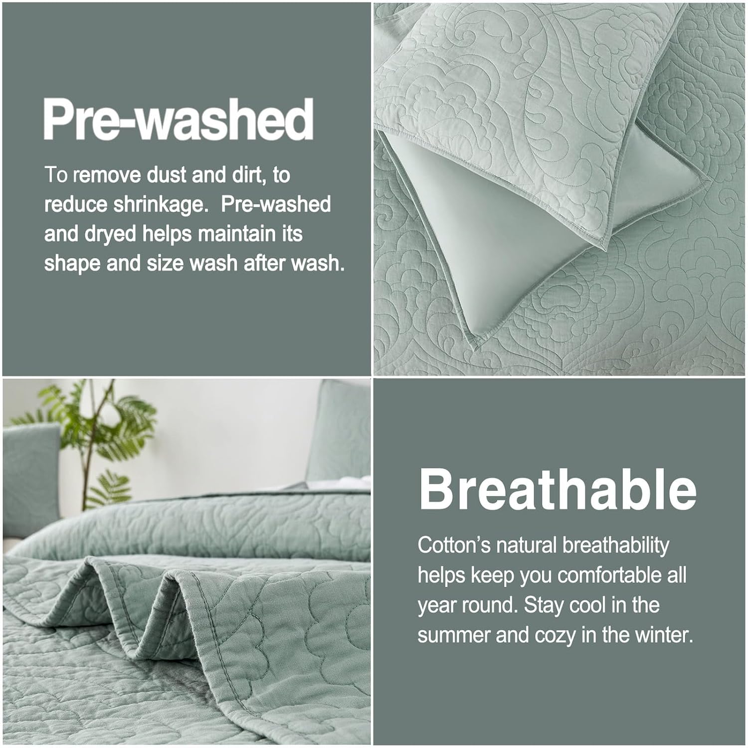 Querencia 100% Cotton Quilt Set - Queen Size, Lightweight Quilted Paisley Comforter, Bedspread Coverlet, All Seasons 3 Pieces (Full/Queen, Smoke Blue)