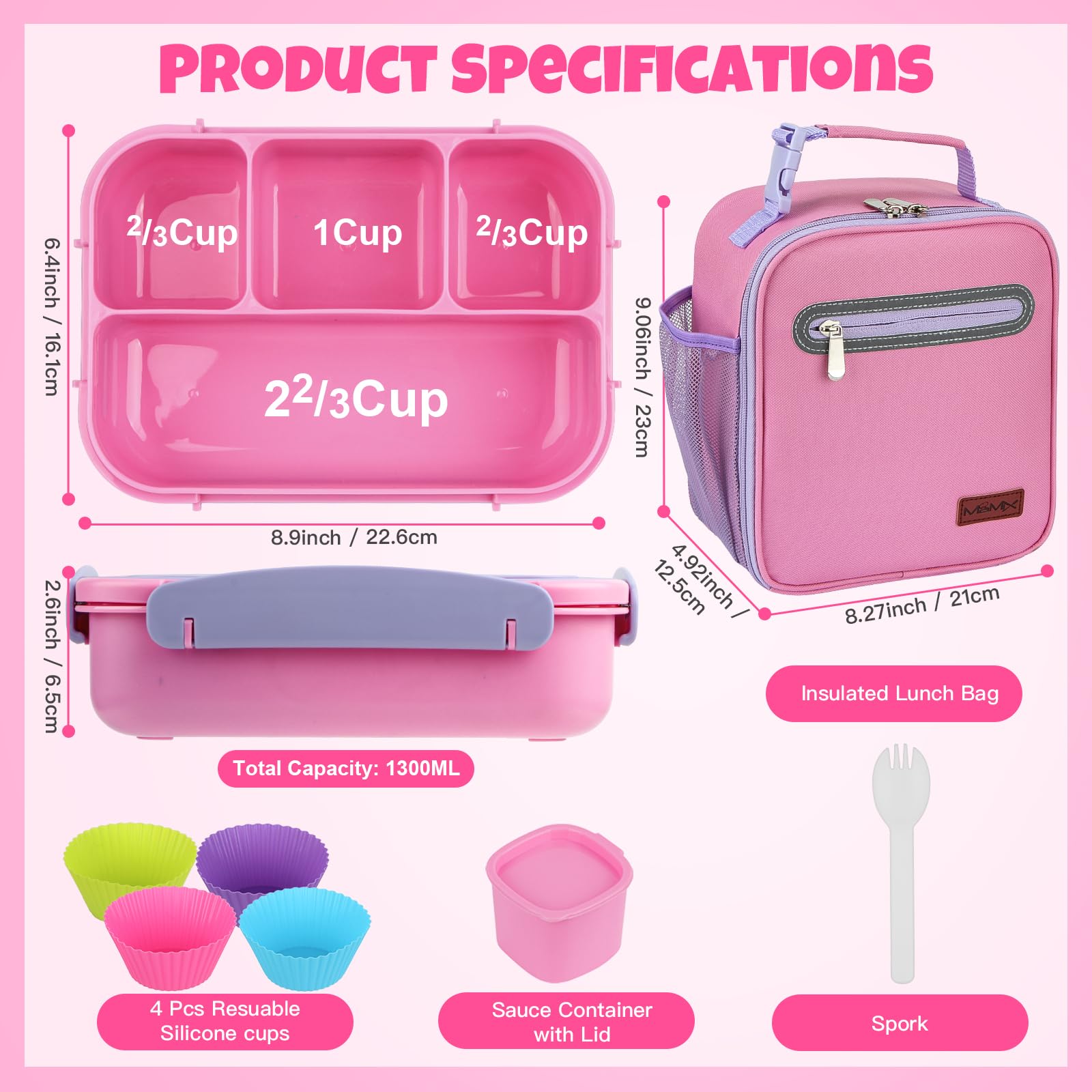 MaMix Boîte à bento pour adulte, boîte à déjeuner pour enfants, avec sac à déjeuner pour adultes/enfants/étudiants, 1300 ml - Boîte à bento à 4 compartiments (ensemble violet)