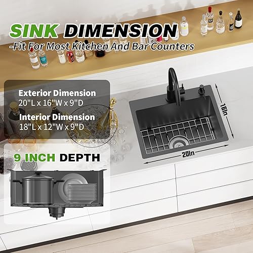 Miniatura 4 de Fregadero negro de cocina y bar, fregadero de cocina de acero inoxidable de 20 x 16 pulgadas, moderno fregadero de barra de montaje en la parte