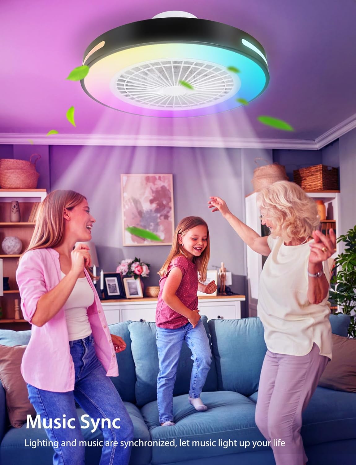 People dancing under the smart ceiling fan light with music sync
