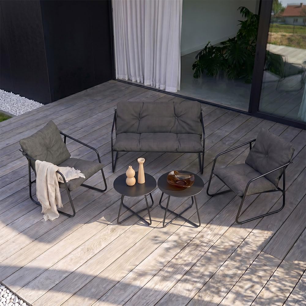 SIEDITI FUORI E DENTRO Set salotto da giardino 5 pezzi in acciaio, set di mobili da giardino con divano 2 posti, 2 poltrone, 2 tavlini e cuscini, salottino da esterno per patio balcone (Grigio Scuro)