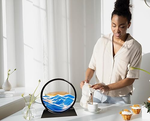 Miniatura 4 de HYUGF Imagen artística de arena en movimiento, decoración del océano, movimiento líquido 3D de paisaje de arena profunda, marco de vidrio redondo,