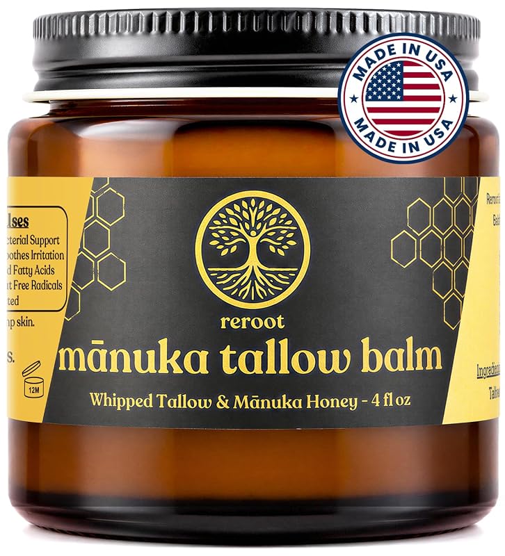 Manteiga corporal Reroot Organics com sebo bovino e mel de Manuka, sem fragrância, aproximadamente 2 ingredientes, 195 g