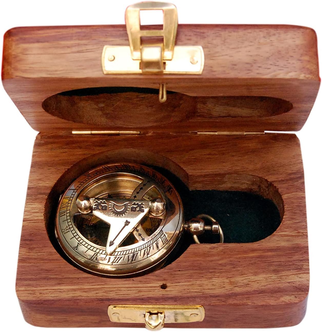 Brass Nautical Compass with Wooden Case - Antique Brass & Copper Sun Clock for Camping, Hiking, Touring - Engraved Gift for Him - Nautical Clock - Compass Gift