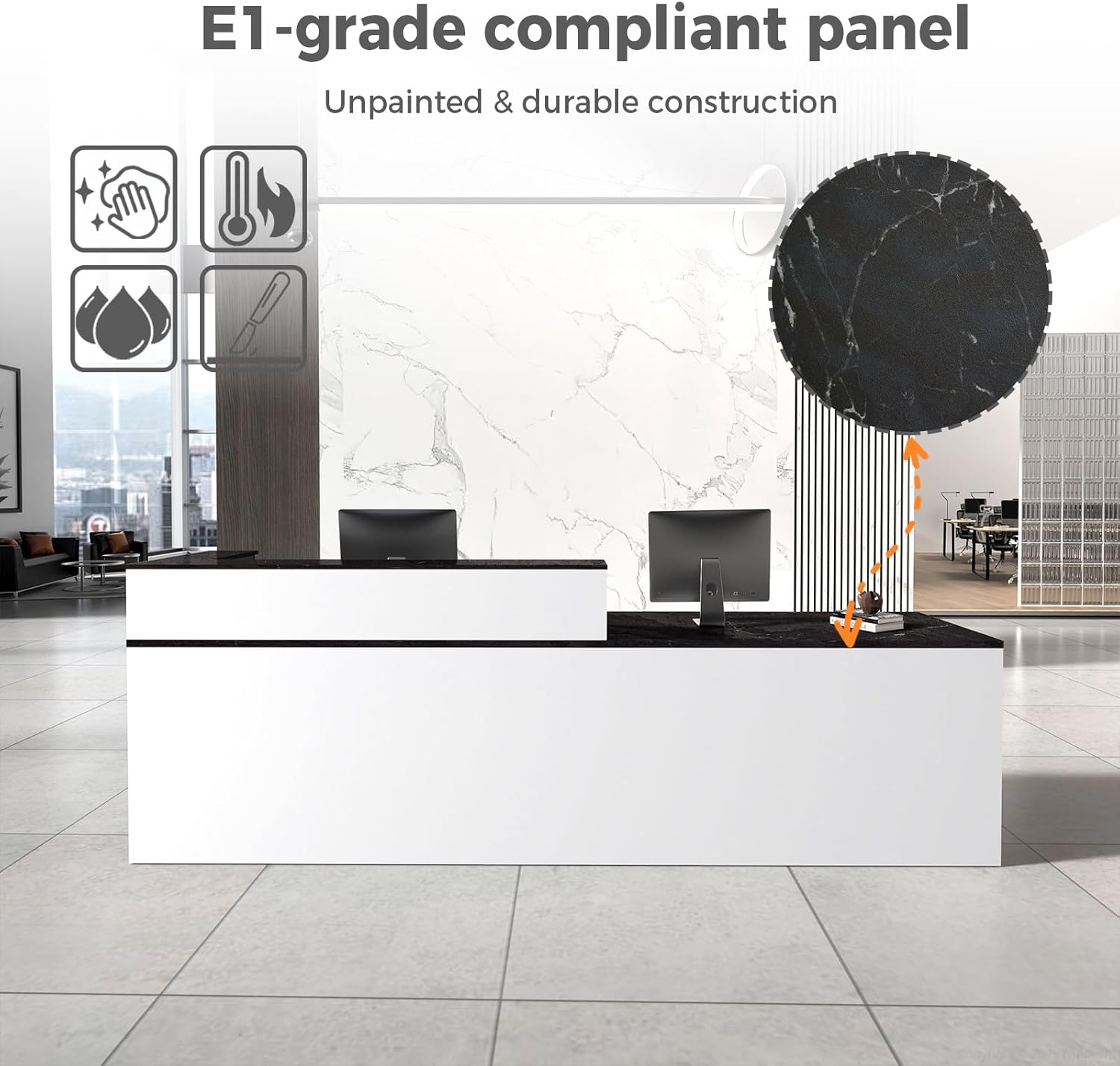 Modern Reception Desk with Counter, Storage, Keyboard Tray, and Lockable Drawers, Sleek Front Desk for Office, Salon, Store, and Commercial Spaces (White+Black/Right, 71" L*24" W*39" H)