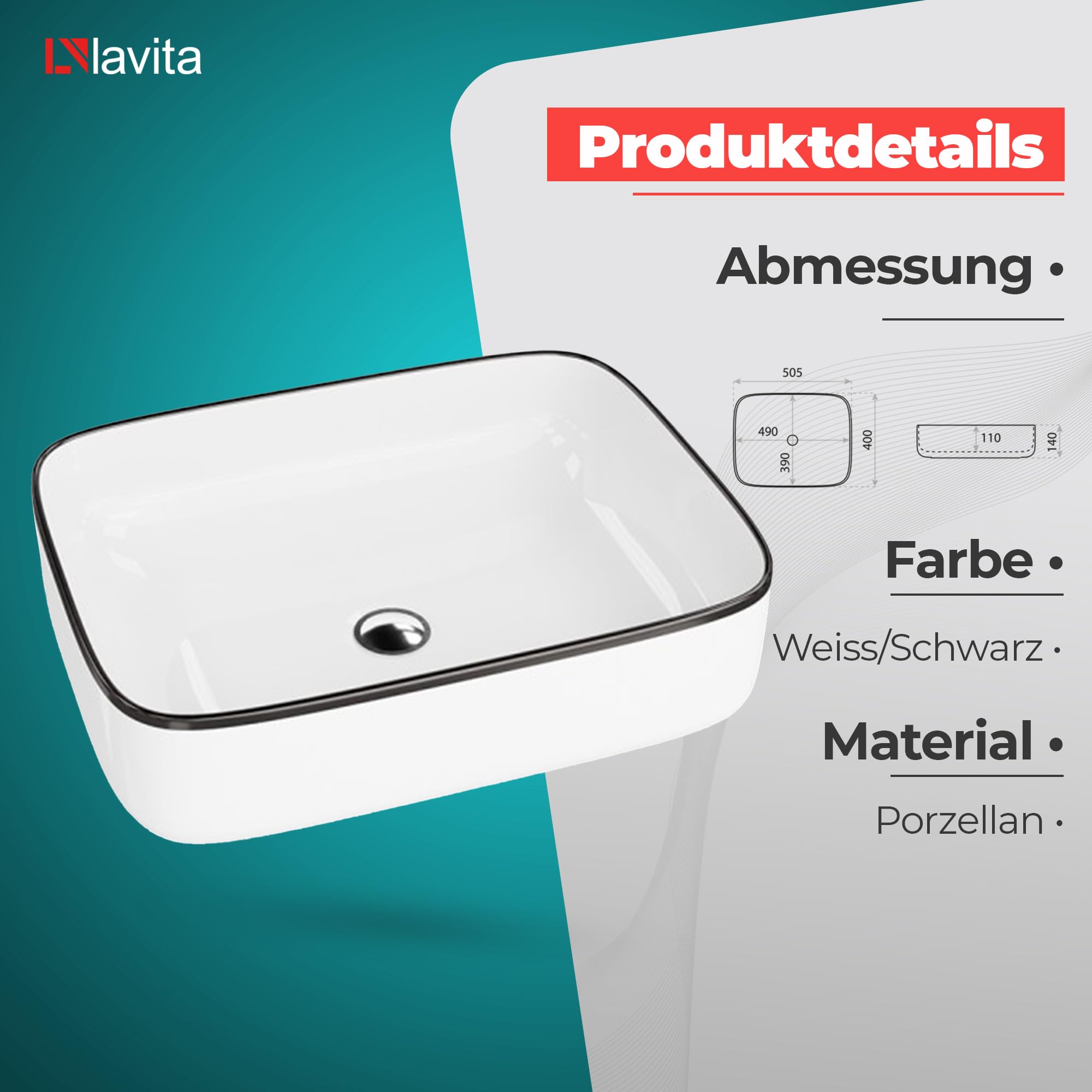 Lavita Aufsatzwaschtisch Galera Black Line Lavabo à poser Rectangulaire Lavabo sans trop-plein et trou de robinetterie En porcelaine de haute qualité Céramique de salle de bain Espace de lavage