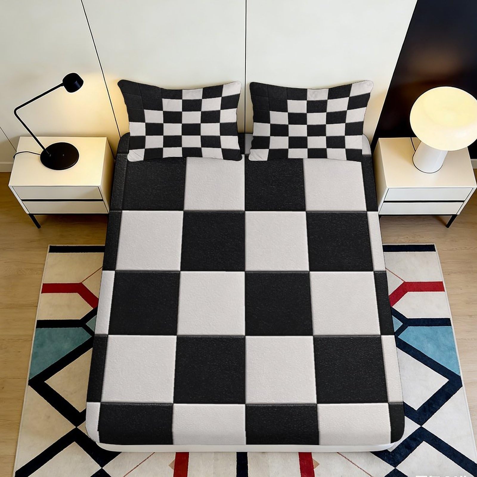 3D Printed Chessboard Fitted Sheet Microfiber Bedroom Bedding for Adults Deep Pocket Chessboard Mattress Fitted Cover Non-Slip Washable 90x200x25cm