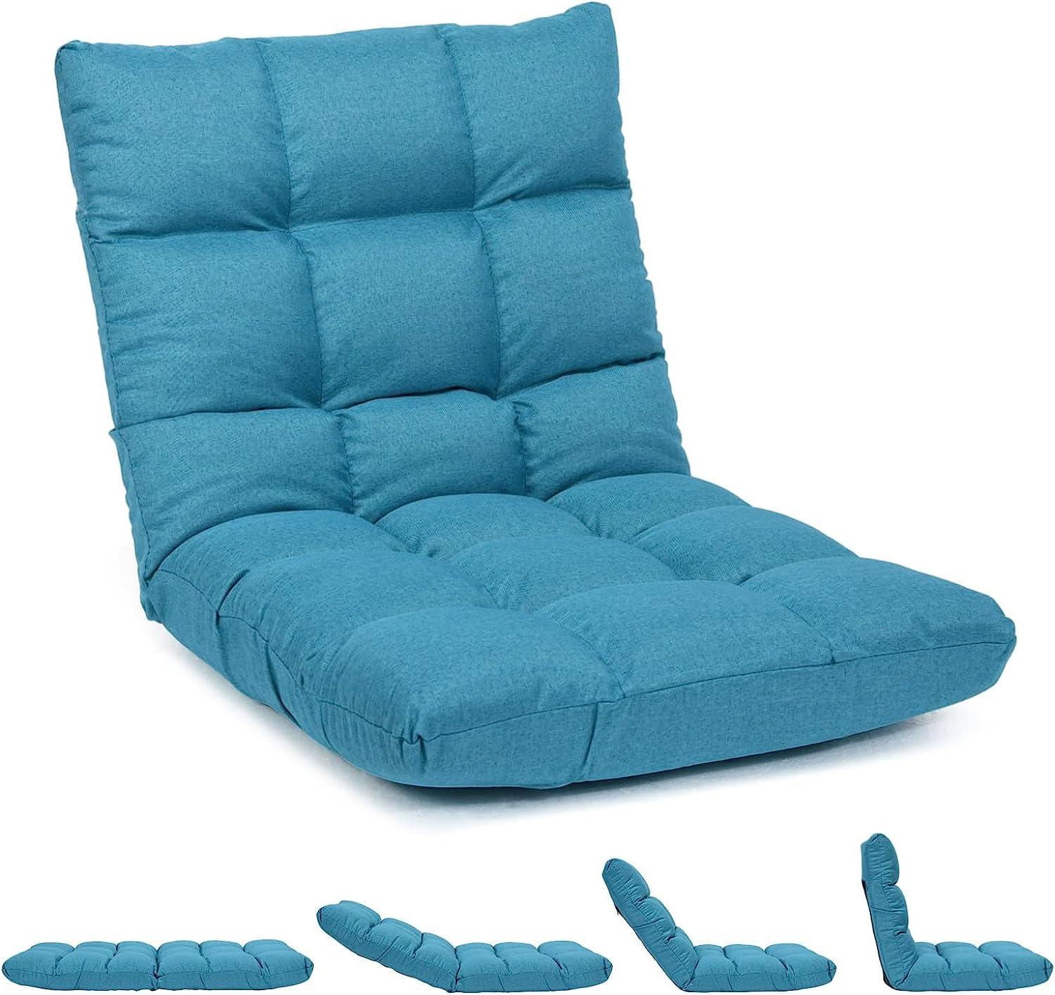 LIFEZEAL Silla de Suelo, sofá Perezoso Individual, Silla de Piso Plegable con 14 Compartimentos, sofá de Suelo con Respaldo Ajustable, Silla de meditación y sillón de Lectura, vellón Coral (Azul)