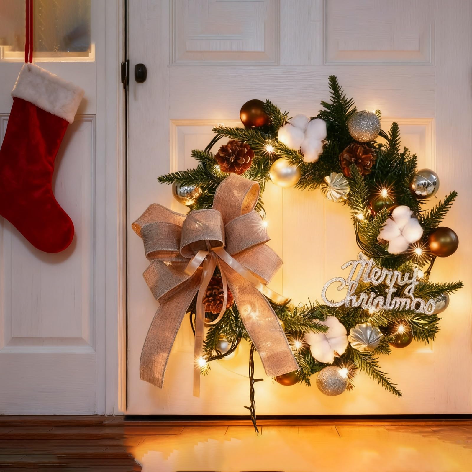 Corona Navideña Grande para Puerta de Entrada, Coronas de Navidad con Luces, Decoración Navideña para Puerta, Pared y Ventana, Adornos Verdes para Puerta(Medium)