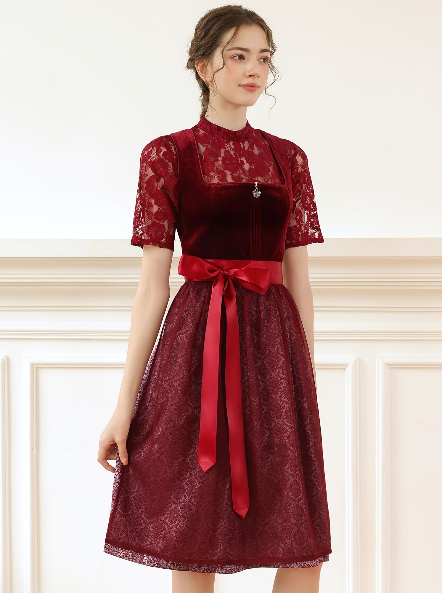EIISSION Dirndl Damski Oktoberfest Kostium Oktoberfest Kostium Kostium Damski Czerwony Tradycyjna Sukienka midi Trachten Sukienka 3 Pieces Bluzka Fartuch