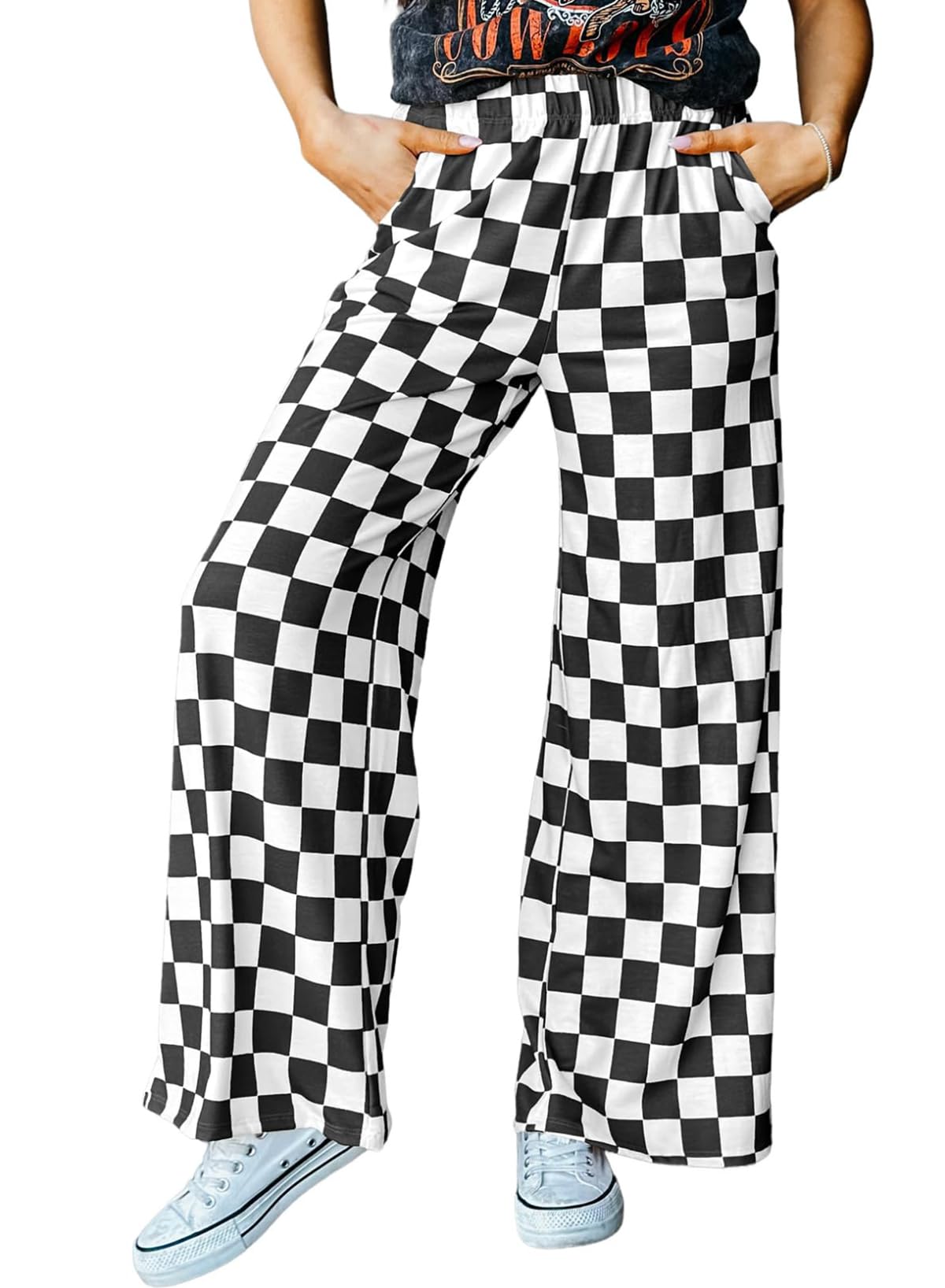 IWOLLENCE Womens Casual Loose Checkered Wide Leg Pants High Waist Straight Lounge Y2K Gingham Trousers