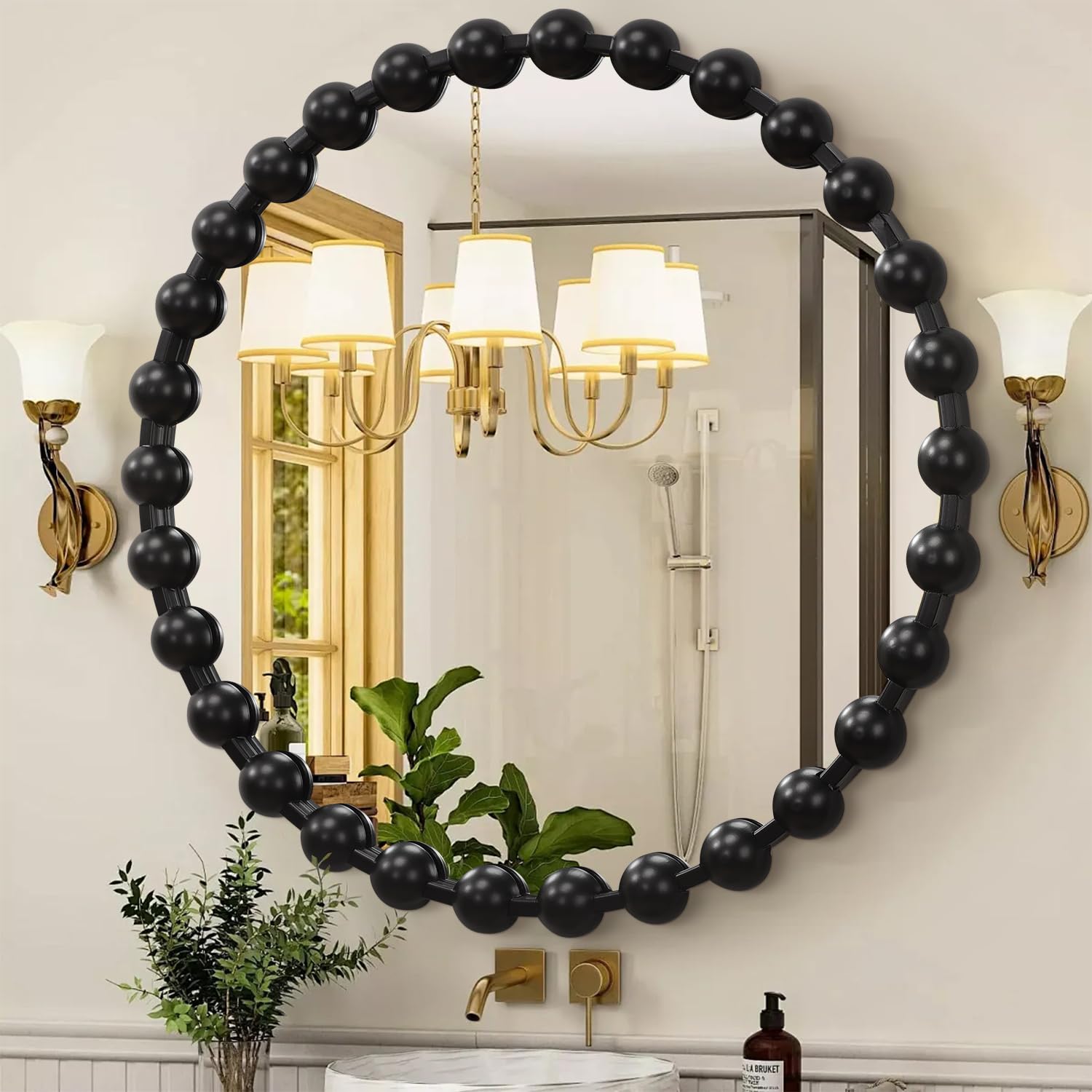 AAZZKANG Black Round Wall Mirror Metal Framed Beaded Mirrors Decorative Large 60cm for Bedroom Living Room Bathroom Entryway Hallway Circle