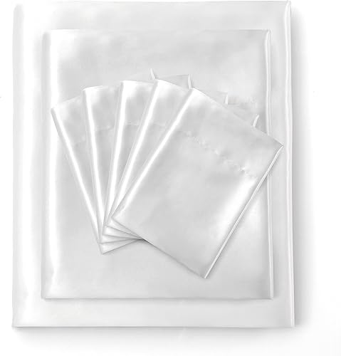 Miniatura 5 de Manyshofu Juego de sábanas de satén blanco puro de 7 piezas, ropa de cama de satén suave de lujo con 1 sábana bajera, 1 sábana encimera, 4 fundas de