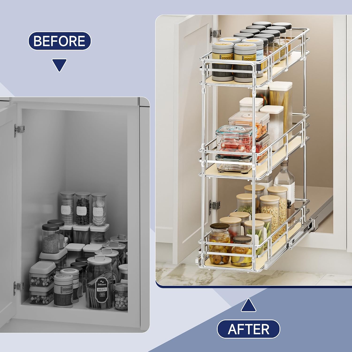 8" W x 20.5" D 3-Tier Pull Out Spice Rack Organizer for 12" Cabinets, Slide Out Pantry Shelf with Solid Wood Base, Chrome Storage for Spices, Oils & Cans (Requires 8.5" Min Opening)