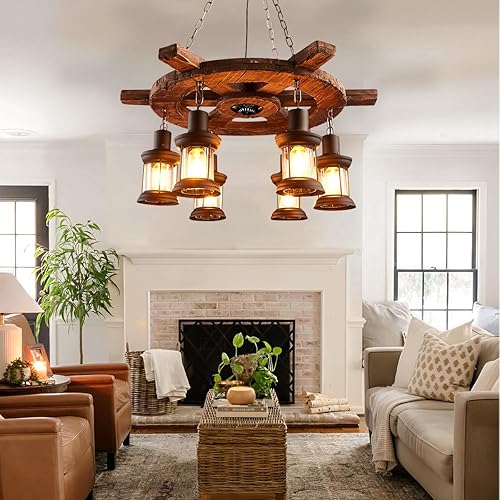 Miniatura 3 de Lámpara colgante de madera industrial de 6 luces, candelabro colgante antiguo de madera con rueda de barco, pantalla de vidrio de metal E26, lámpara