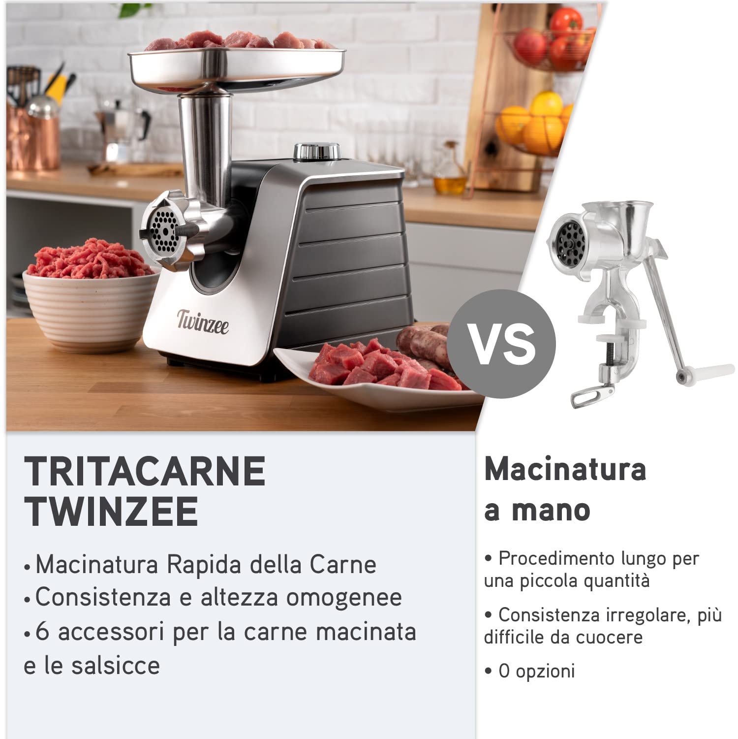Tritacarne Elettrico 1500W (Nero) - Per Carne e Salsiccia - Robot da Cucina Con 3 Lame e 3 Ugelli - Professionale
