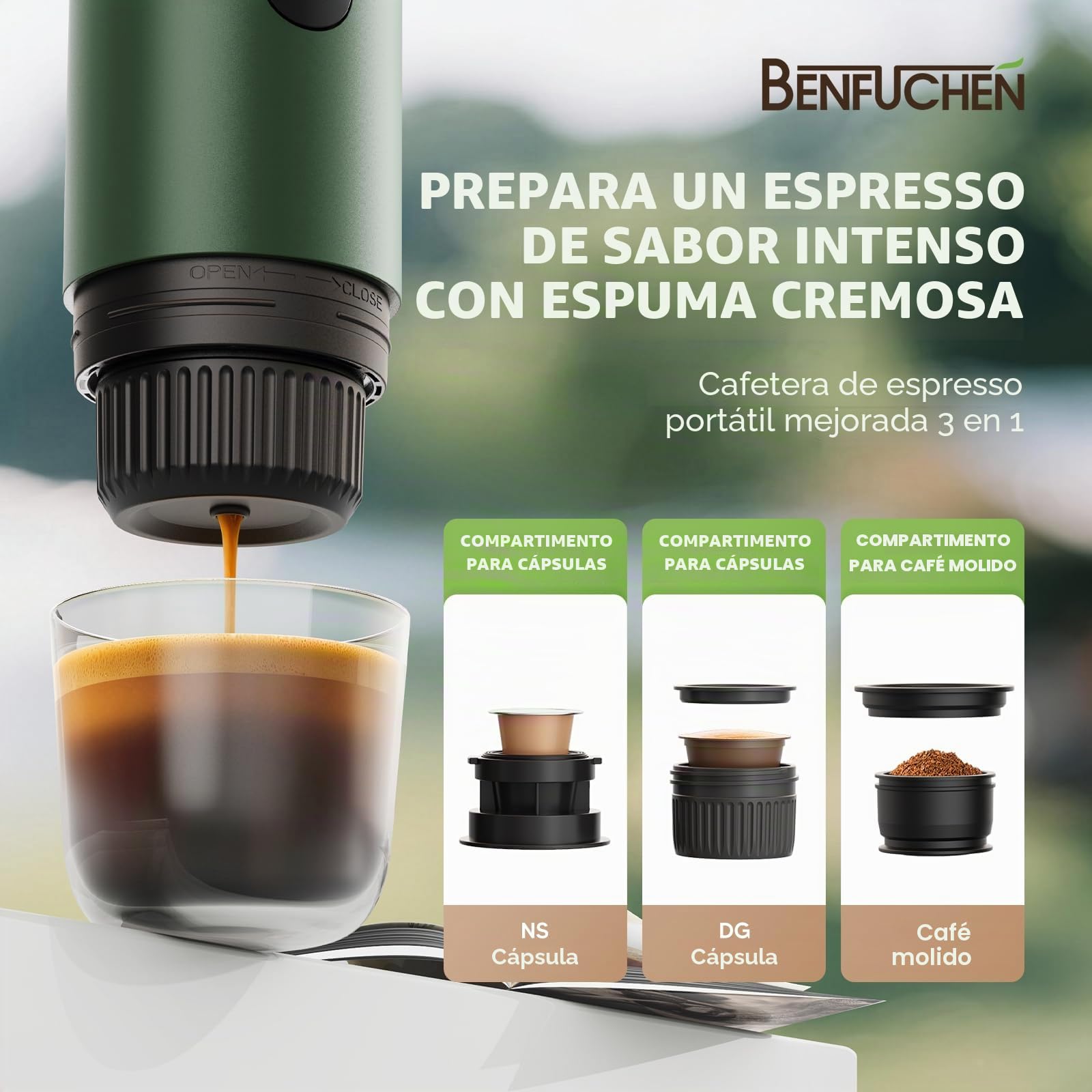 Cafetera portátil 3 en 1, máquina de espresso de 19 bares con calentamiento automático, compatible con cápsulas NS y DG, así como café molido para camping, senderismo, viajes y hogar (Verde)