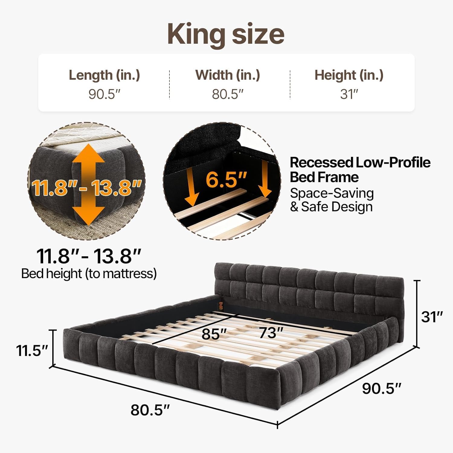 King Size Modern Bed Frame, Chenille Upholstered Platform Bedframe with Cloud Soft Headboard, Grounded Upholstered Wood Base Platform Bed, Dark Grey