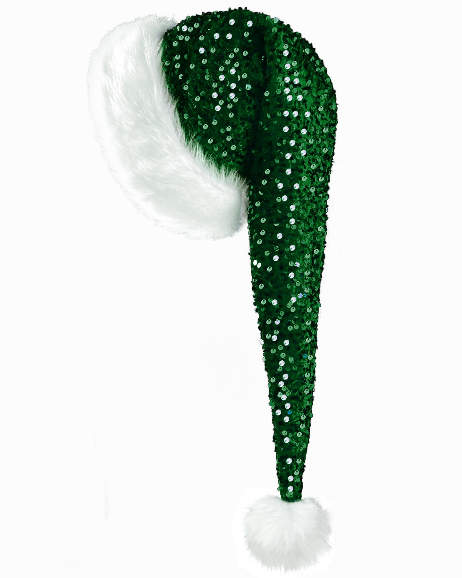 QLINLEAF Green Long Plush Santa Hat Sequin Christmas Hat for Adults Velvet Warm Winter Christmas Costume