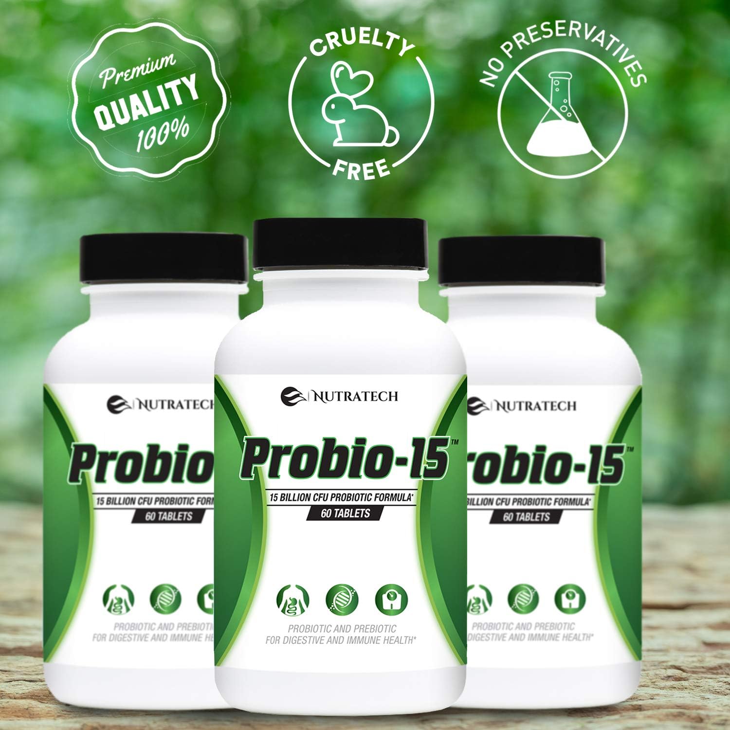 Nutratech Probio-15 Probiotics – 15 Billion CFU Probiotic and Prebiotic with Patented Ingredients for Digestive Health