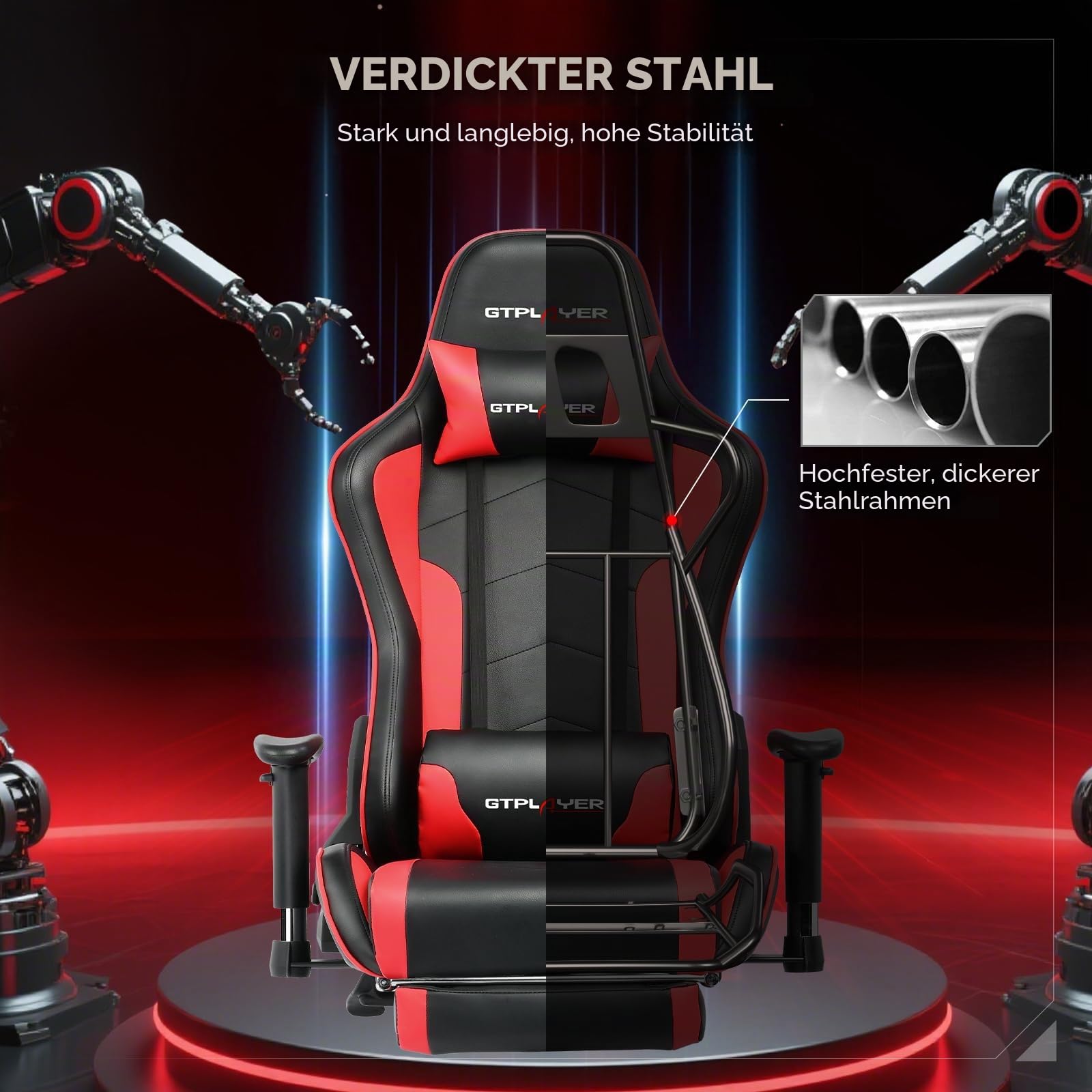 GTPLAYER Gaming Stuhl mit Fußstützen Lautsprecher Bluetooth, Gamer Stuhl Ergonomischer Computerstuhl Bürostuhl Schreibtischstuhl PC Stuhl mit 3D-Armlehnen, 200KG, Rot