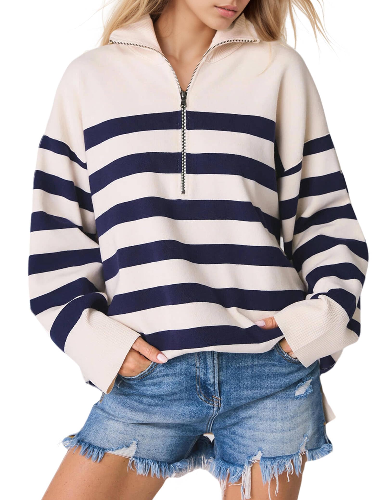Knit Coastal Stripe Pullover for Women Oversized Fit Medium Weight Sweater with Quarter Zip Neckline 2024 Fall Winter