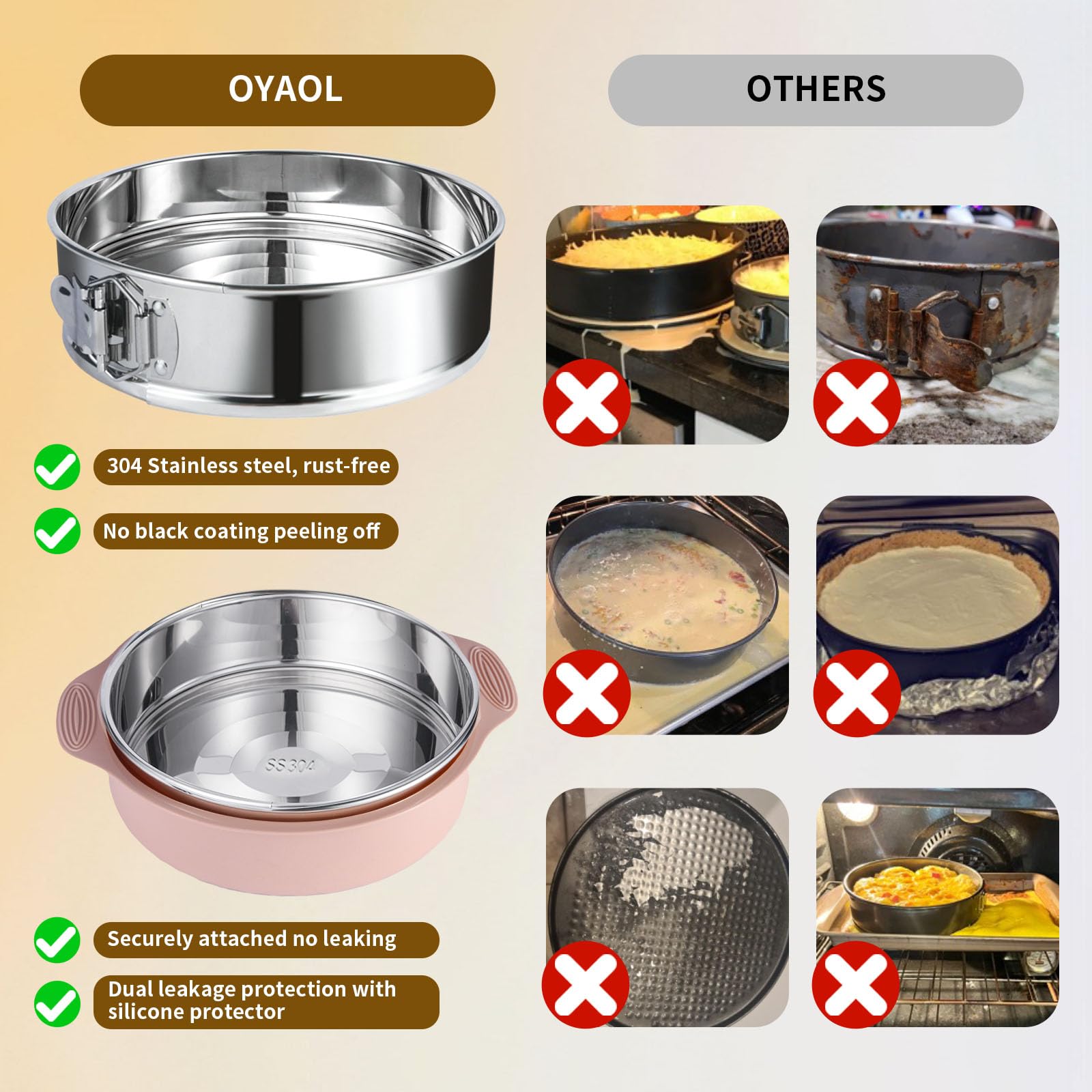OYAOL 9 Inch Springform Pan - Nonstick Leakproof 304 Stainless Steel Springform Cake Pan with Removable Bottom, Silicone Cheesecake Pan Protector with Parchment Paper - Image 2