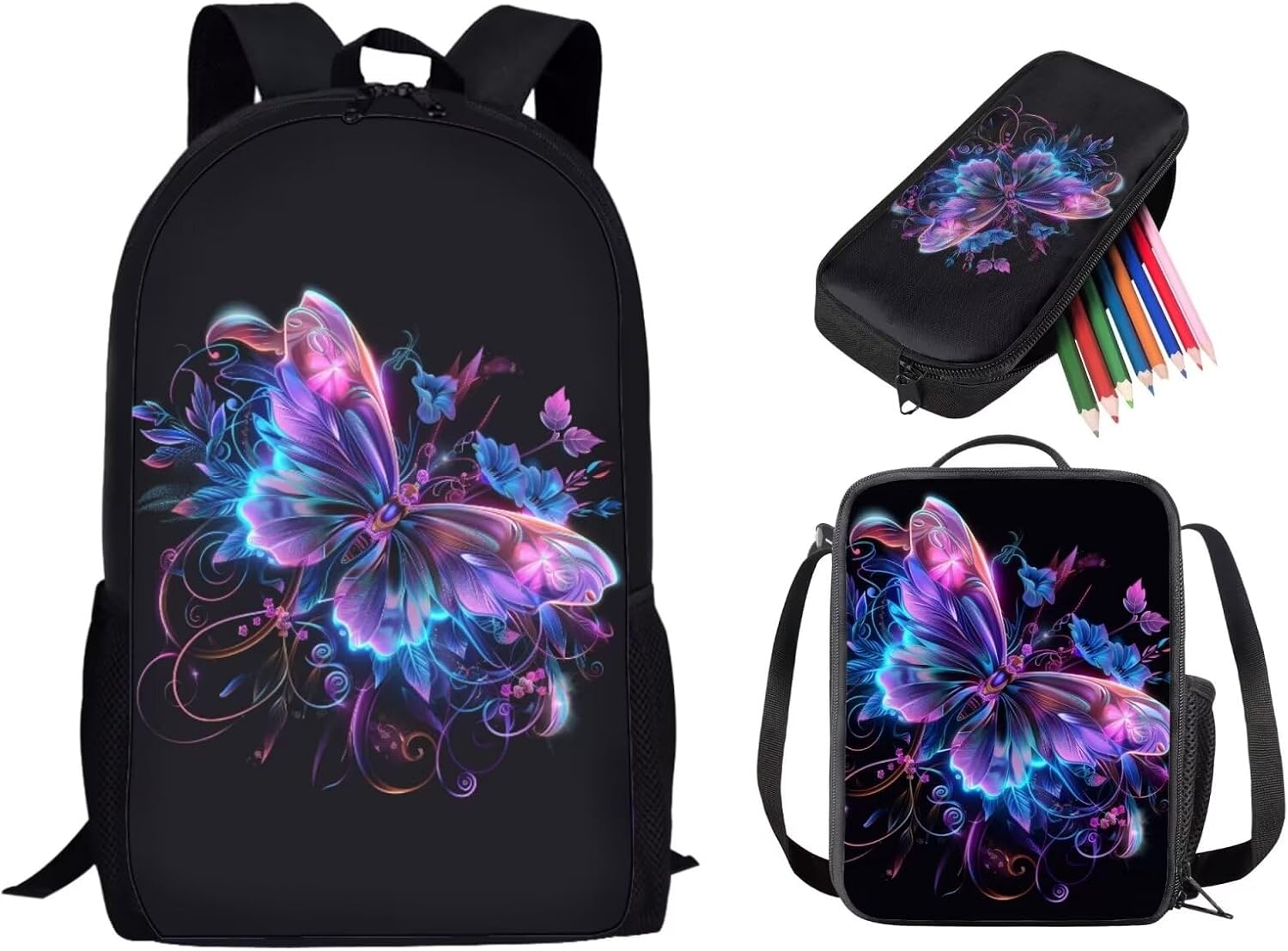 Butterfly Printed Kids Backpack for Boys, Preschool Elementary School Bag Set with Lunch Holder and Pencil Box, 3 Pcs Boys Backpack Set with Lunch Box Pencil Case, Purple