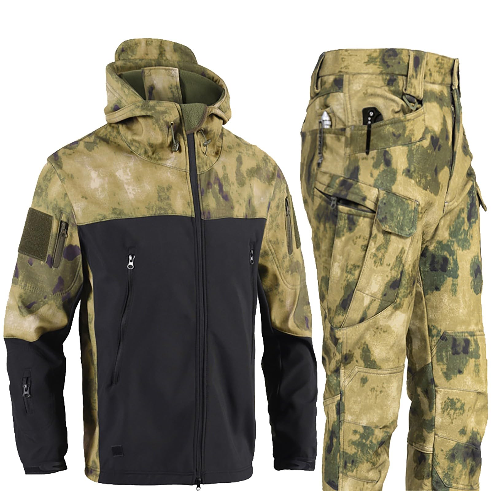 Męski taktyczny zestaw dresowy, kurtka kamuflażowa i spodnie, 2-częściowy strój wojskowy dla mężczyzn, wodoodporny softshell, bluza z kapturem i spodnie cargo, zestaw odzieży bojowej, wędrówki