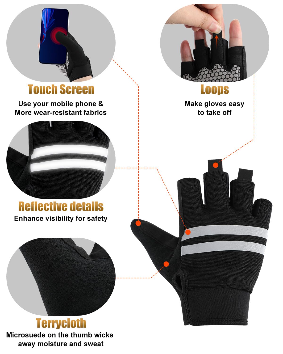 Guantes acolchados de gel de medio dedo para silla de ruedas (negro, L)