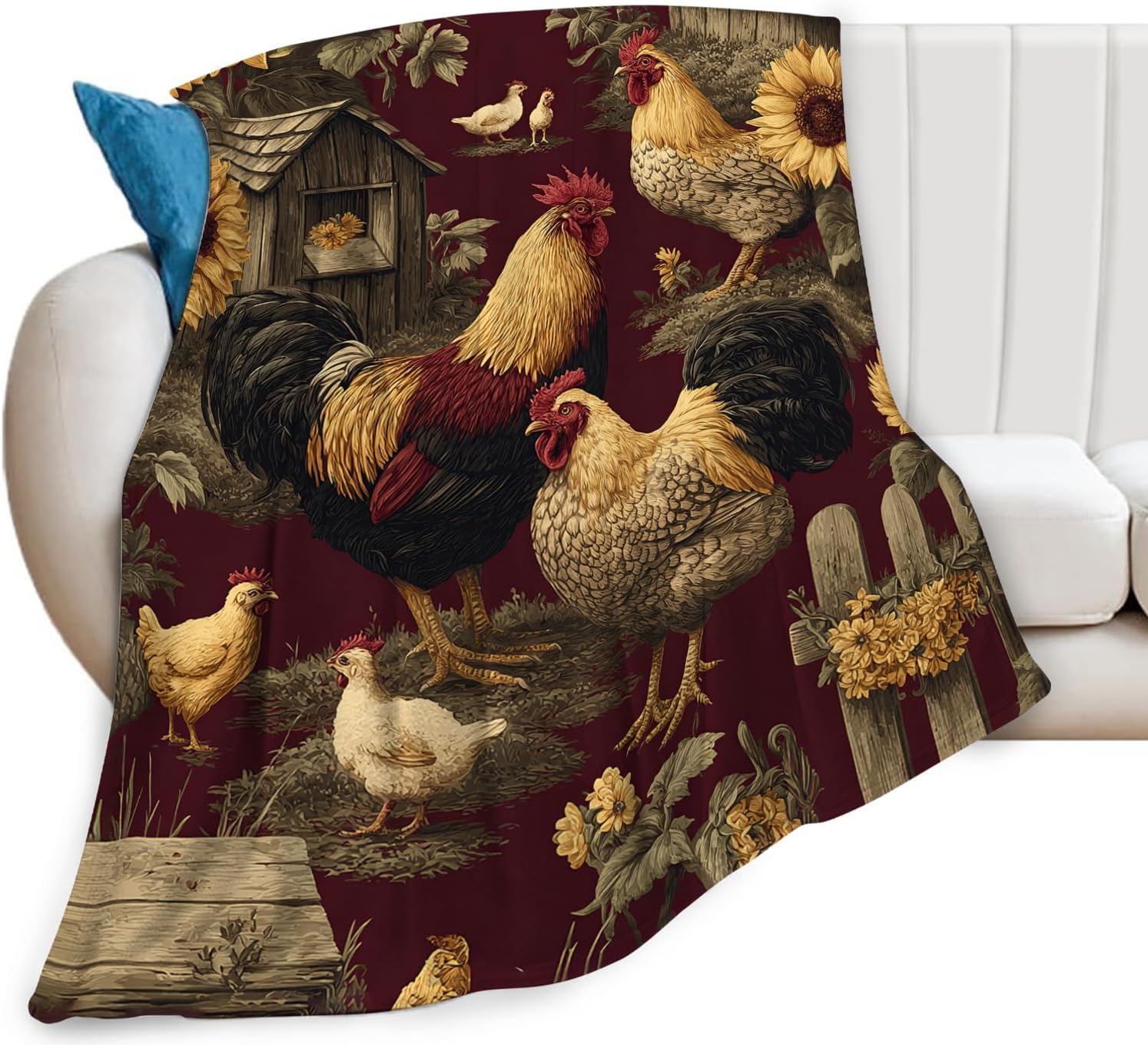 Rooster Blanket, Rustic Chicken Throw Blanket, Rooster Gifts, Farmhouse Blankets, Chickens Stuff Fleece Flannel Plush for Women Men Boys Girls Adults Soft Bedding for Sofa Bed Home 40"X50"